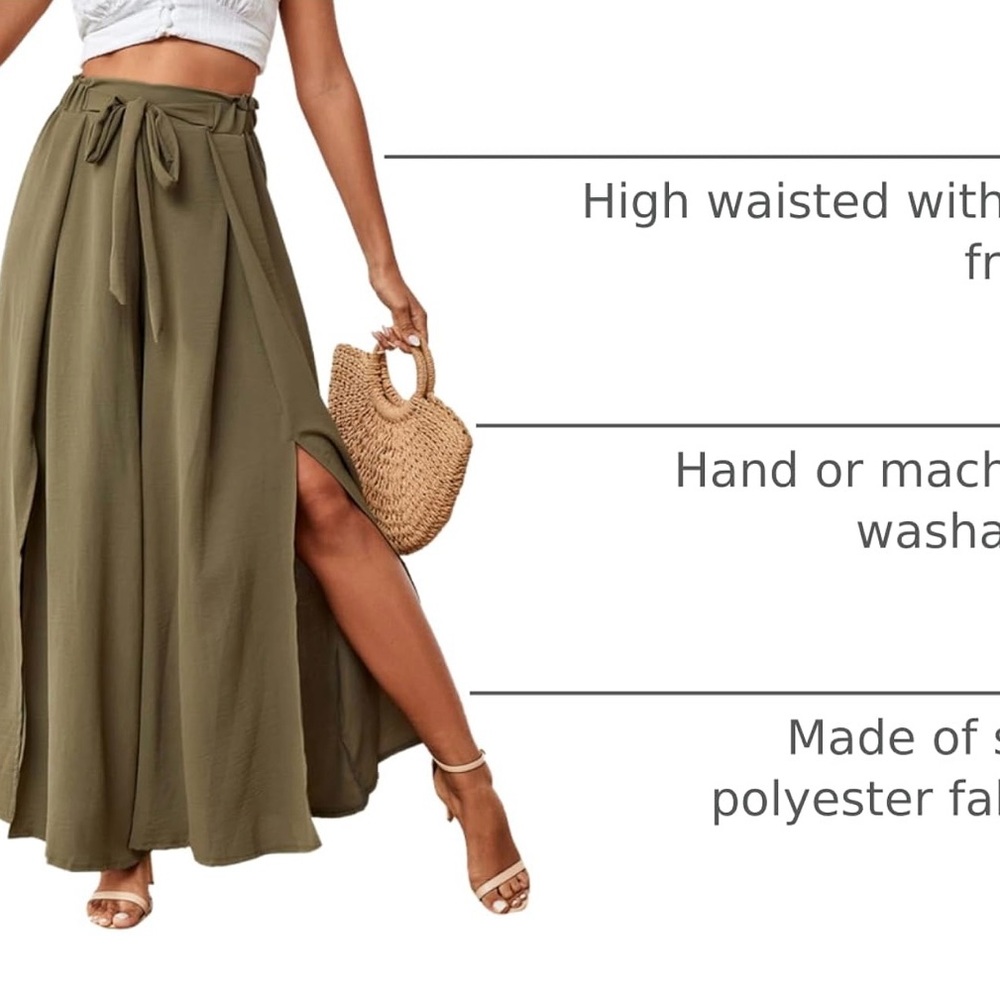 Olive Green Tie Front High Waist Side Flowy Wide Leg Pleated Pant with Belt - Picture 3 of 6